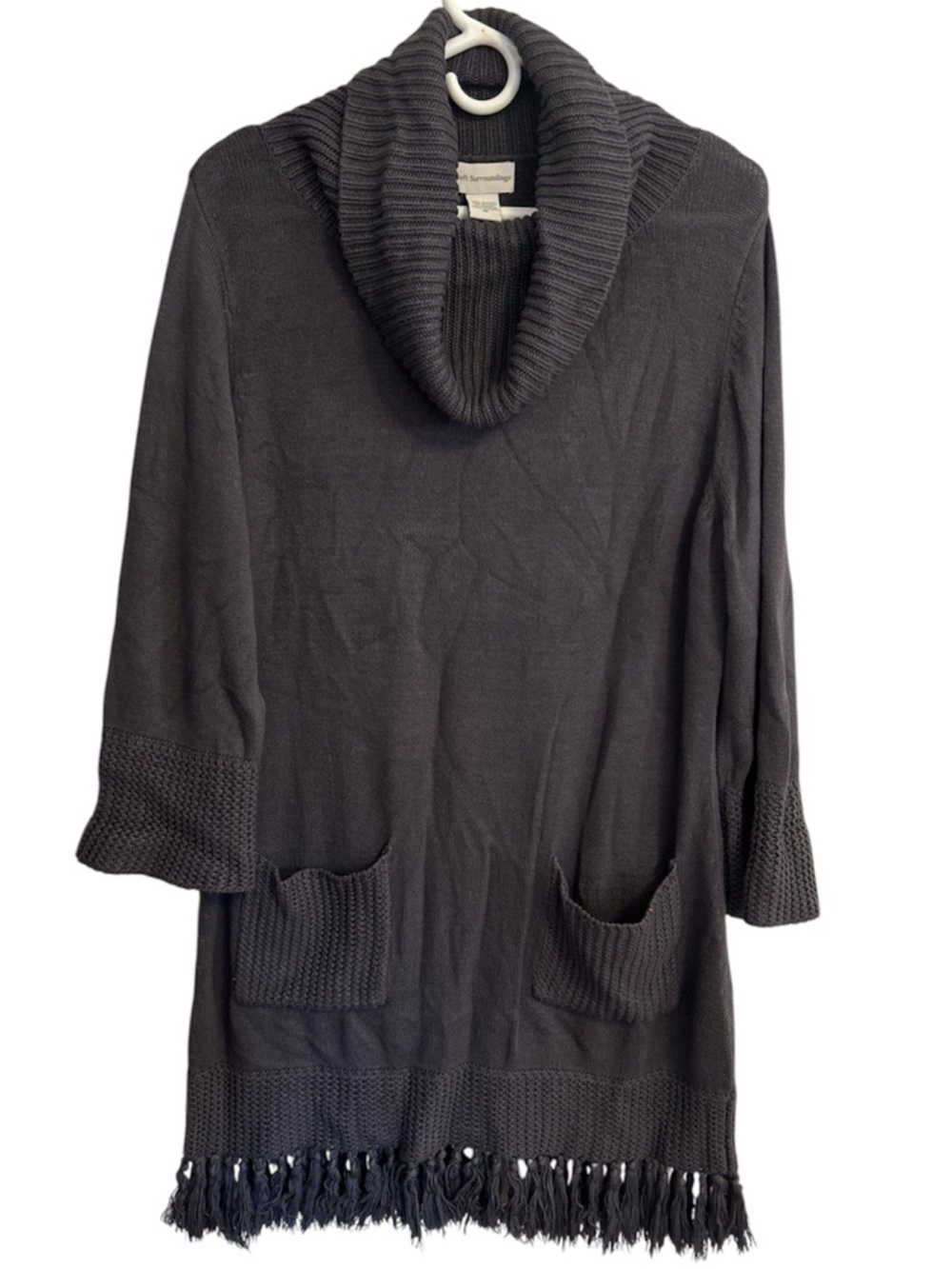 Soft Surroundings Gray Cowl-Neck Fringe-Hem Sweater Tunic Size Medium